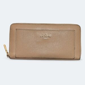 Coach Pebbled Leather Accordion Zip Wallet Taupe Tan Beige Minimalist EUC